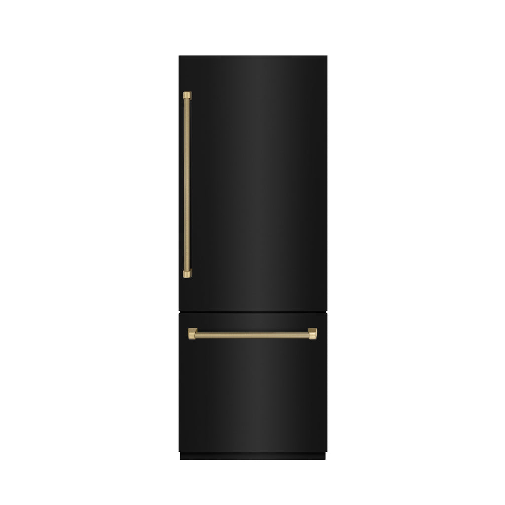 ZLINE 30 in. Built-In Bottom Freezer Refrigerator, 16.1 cu. ft., Water Dispenser, Ice Maker, Black Stainless Steel, Graphite Gray Interior, Champagne Bronze Helix Handles (GRBIVZ-BS30KCB)