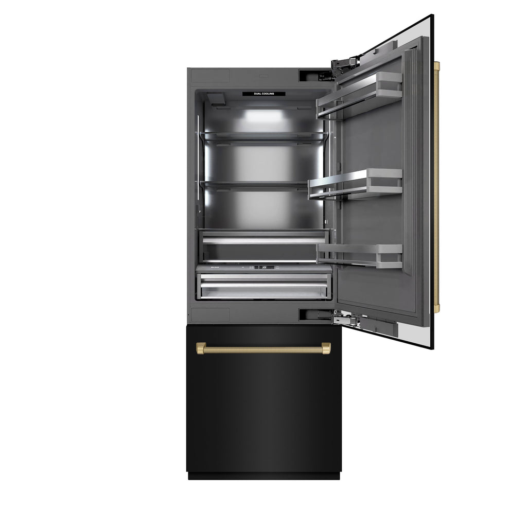 ZLINE 30 in. Built-In Bottom Freezer Refrigerator, 16.1 cu. ft., Water Dispenser, Ice Maker, Black Stainless Steel, Graphite Gray Interior, Champagne Bronze Helix Handles (GRBIVZ-BS30KCB)