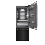 ZLINE 30 in. Built-In Bottom Freezer Refrigerator, 16.1 cu. ft., Water Dispenser, Ice Maker, Black Stainless Steel, Graphite Gray Interior, Champagne Bronze Helix Handles (GRBIVZ-BS30KCB)