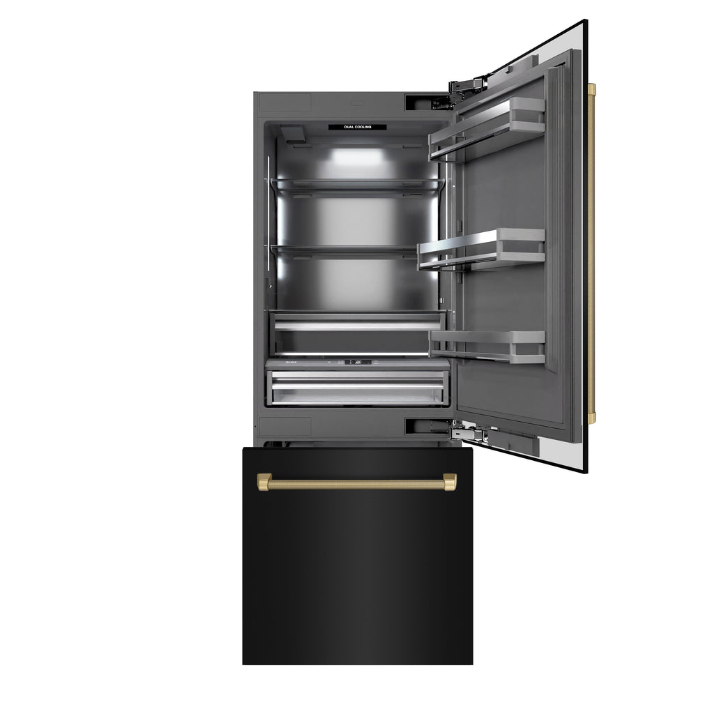 ZLINE 30 in. Built-In Bottom Freezer Refrigerator, 16.1 cu. ft., Water Dispenser, Ice Maker, Black Stainless Steel, Graphite Gray Interior, Champagne Bronze Helix Handles (GRBIVZ-BS30KCB)