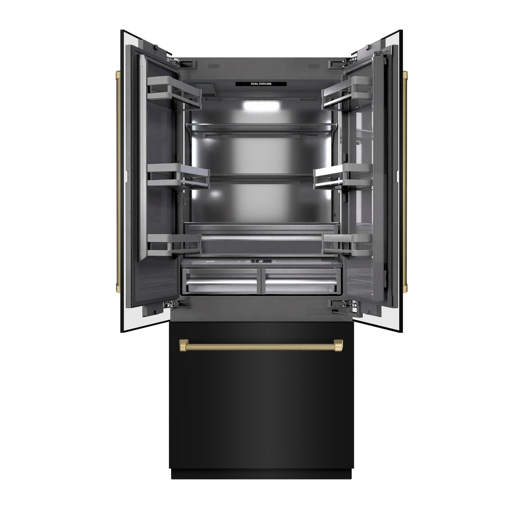 ZLINE 36 in. Built-In French Door Refrigerator 19.6 Cu. Ft. Water Dispenser Ice Maker Black Stainless Steel Graphite Gray Interior Champagne Bronze Helix Handles (GRBIVZ-BS36KCB)