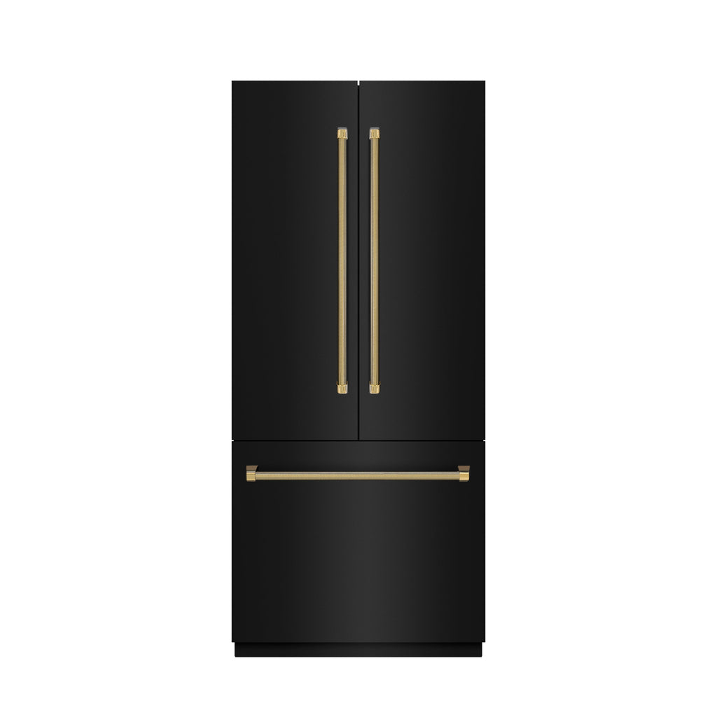 ZLINE 36 in. French Door Built-In Bottom Freezer Refrigerator 19.6 Cu. Ft. Water Dispenser Ice Maker Black Stainless Steel Graphite Gray Interior Polished Gold Helix Handles (GRBIVZ-BS36KG)