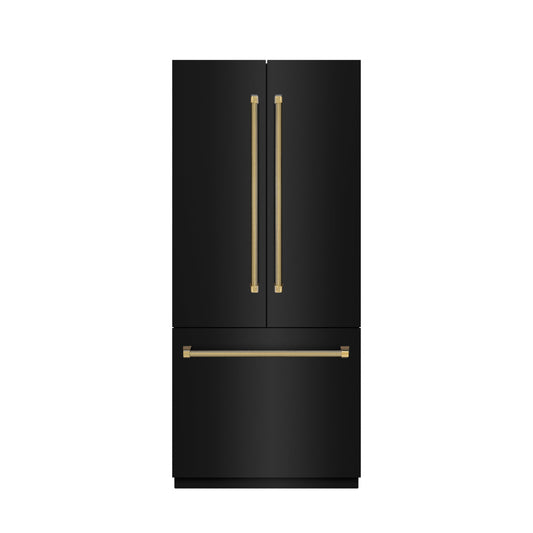 ZLINE 36 in. French Door Built-In Bottom Freezer Refrigerator 19.6 Cu. Ft. Water Dispenser Ice Maker Black Stainless Steel Graphite Gray Interior Polished Gold Helix Handles (GRBIVZ-BS36KG)