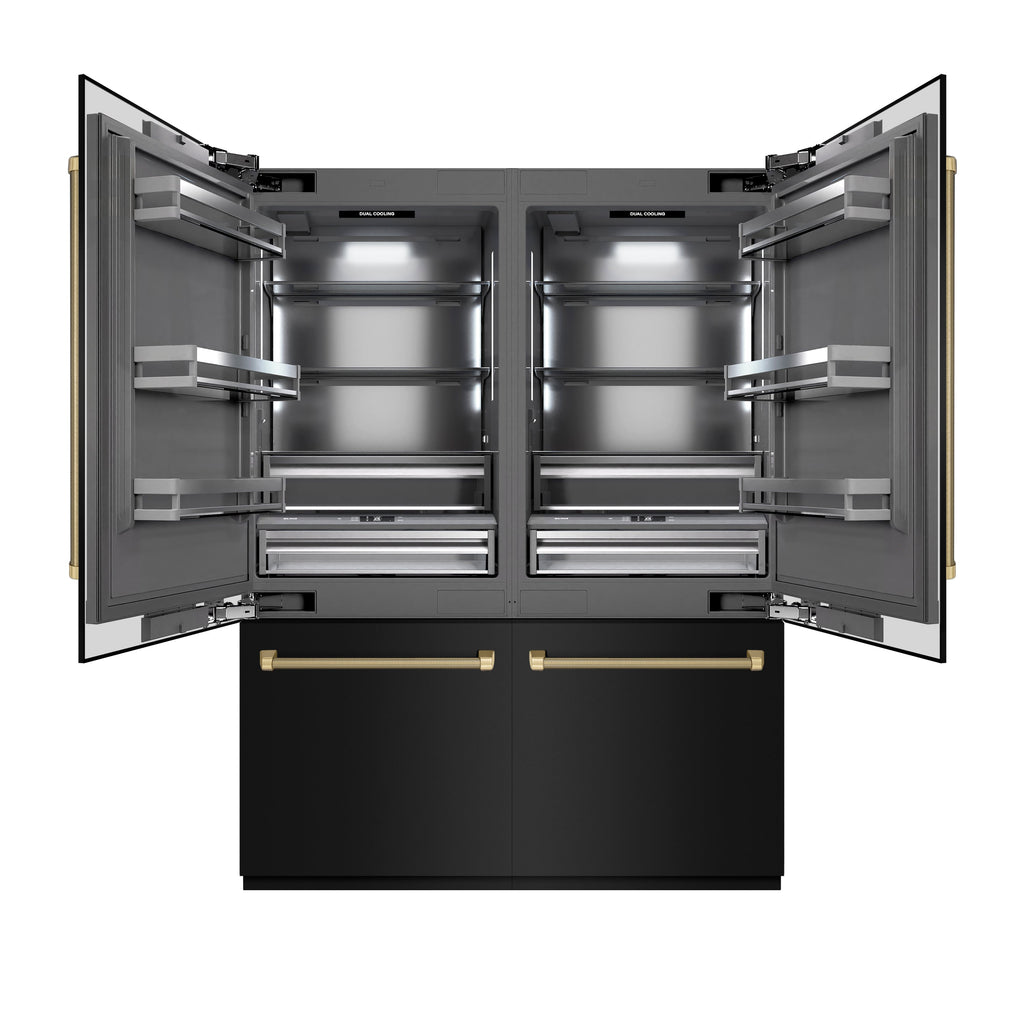 ZLINE 60 in. French Door Built-In Bottom Freezer Refrigerator 32.2 Cu. Ft. Water Dispenser Ice Maker Black Stainless Steel Champagne Bronze Handles (GRBIVZ-BS60KCB)