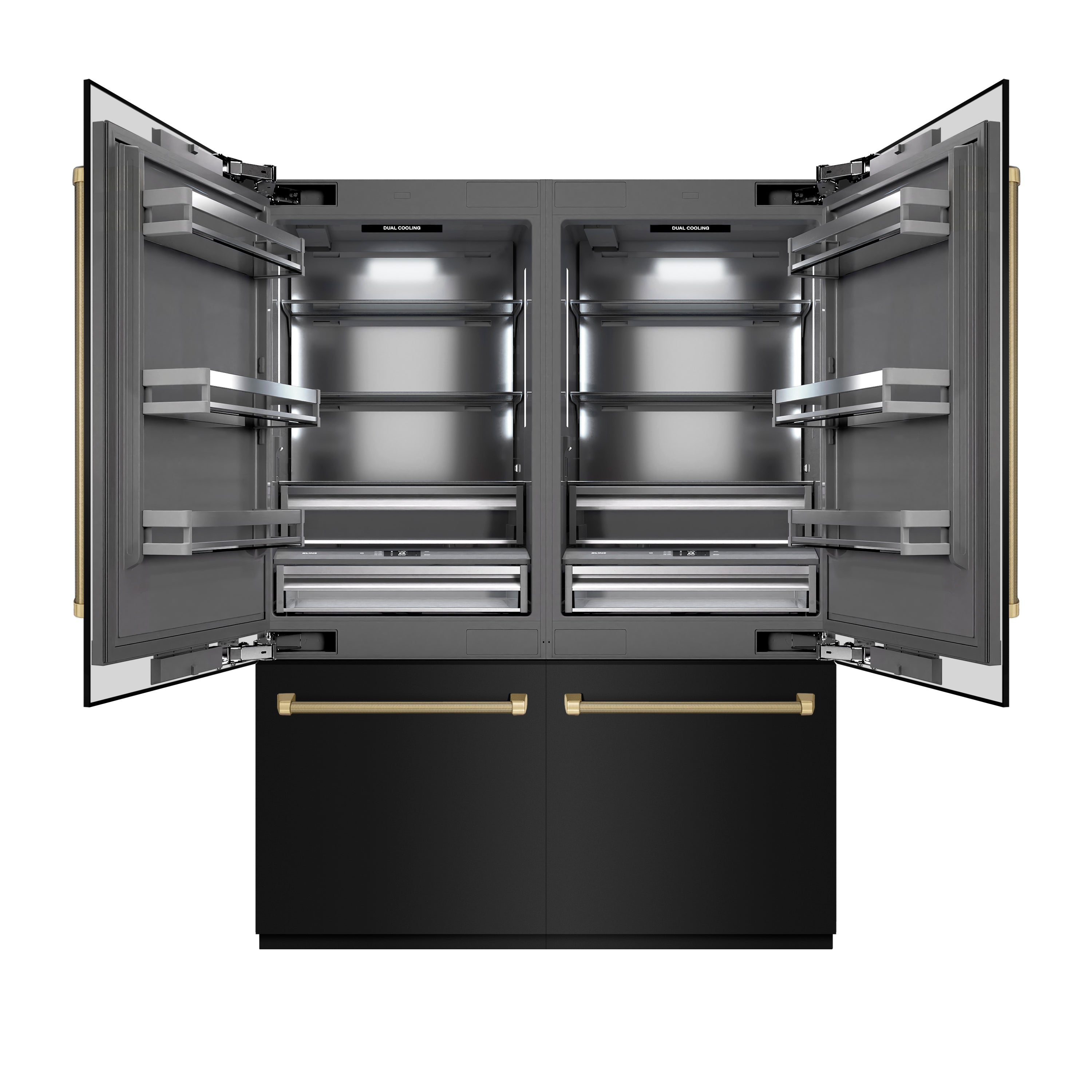 ZLINE 60 in. French Door Built-In Bottom Freezer Refrigerator 32.2 Cu. Ft. Water Dispenser Ice Maker Black Stainless Steel Champagne Bronze Handles (GRBIVZ-BS60KCB)
