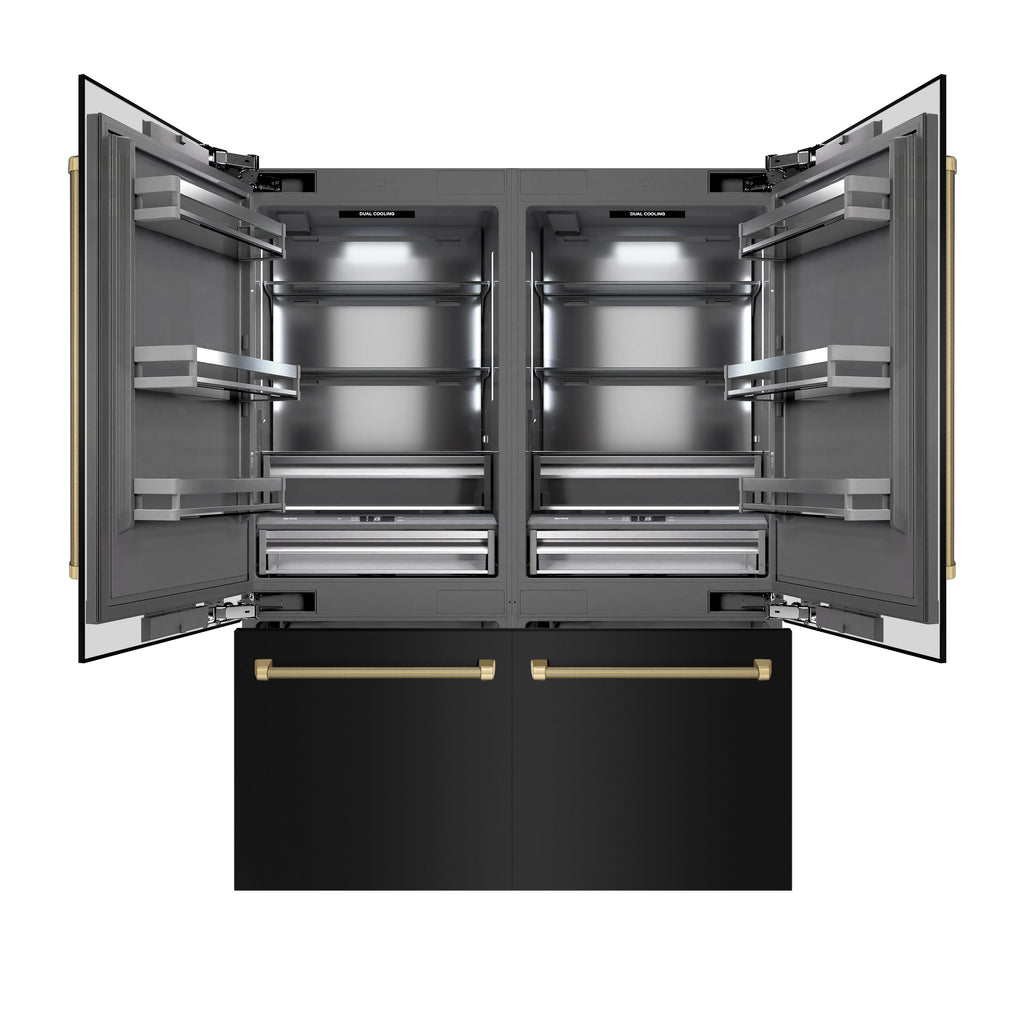 ZLINE 60 in. French Door Built-In Bottom Freezer Refrigerator 32.2 Cu. Ft. Water Dispenser Ice Maker Black Stainless Steel Champagne Bronze Handles (GRBIVZ-BS60KCB)