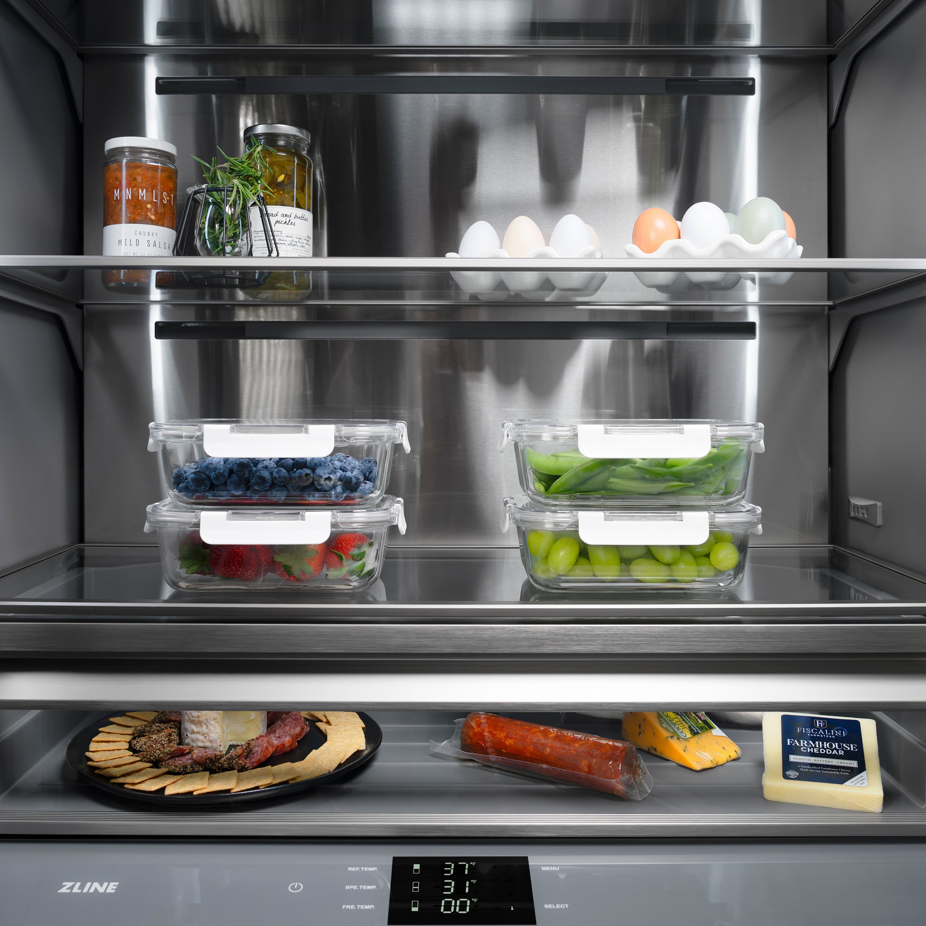 ZLINE 30 in. Built-In Bottom Freezer Refrigerator 16.1 cu. ft. Water Dispenser, Ice Maker, Black Stainless Steel, Graphite Gray Interior, Polished Gold Helix Handles (GRBIVZ-BS30KG)