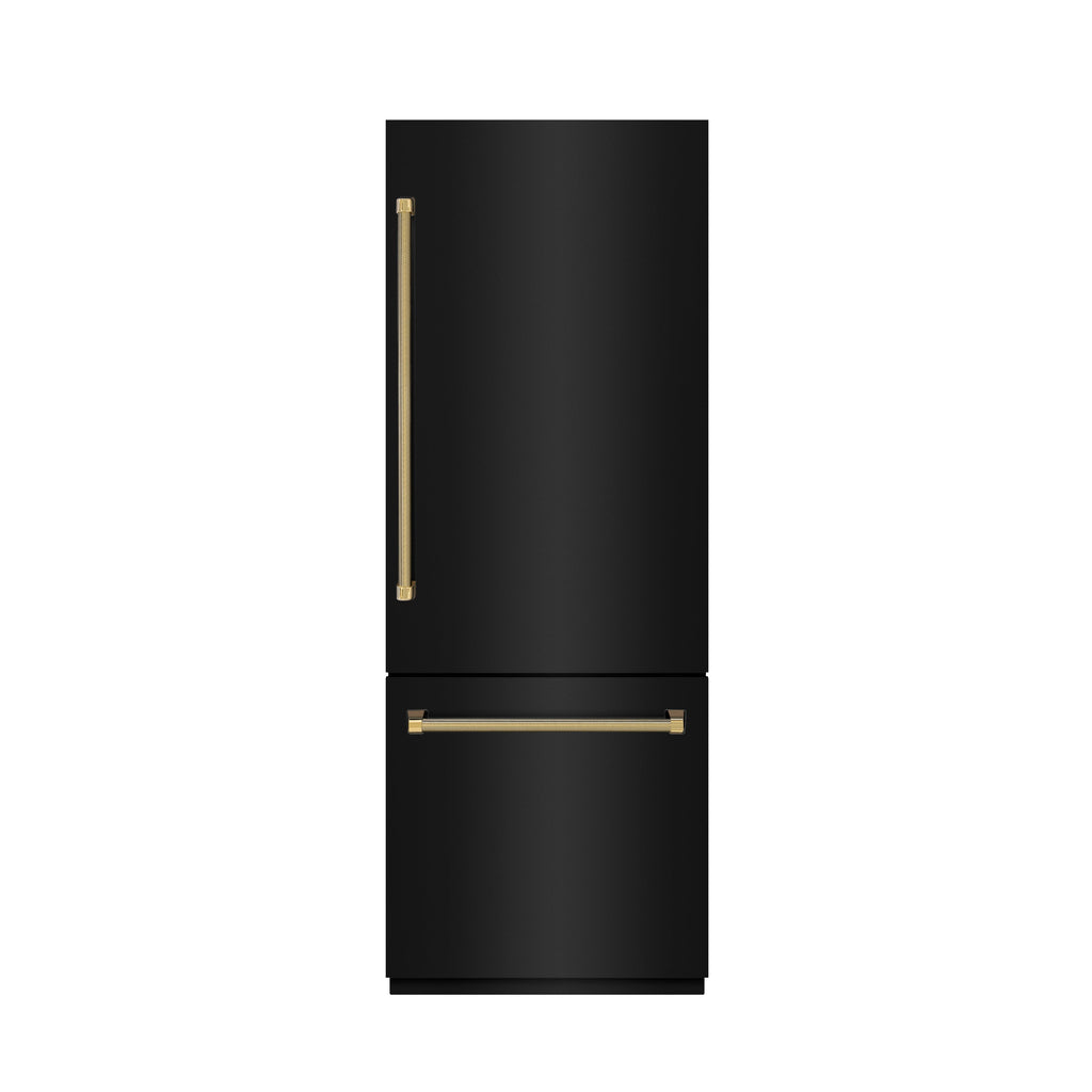 ZLINE 30 in. Built-In Bottom Freezer Refrigerator 16.1 cu. ft. Water Dispenser, Ice Maker, Black Stainless Steel, Graphite Gray Interior, Polished Gold Helix Handles (GRBIVZ-BS30KG)