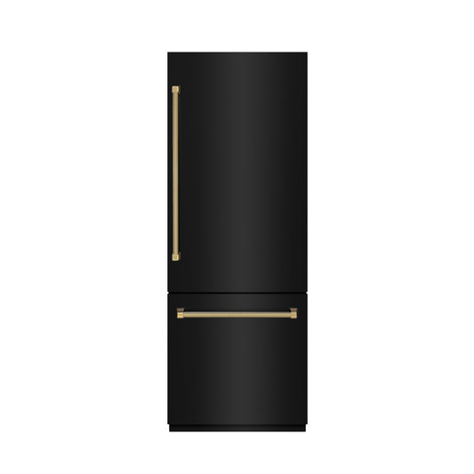 ZLINE 30 in. Built-In Bottom Freezer Refrigerator 16.1 cu. ft. Water Dispenser, Ice Maker, Black Stainless Steel, Graphite Gray Interior, Polished Gold Helix Handles (GRBIVZ-BS30KG)