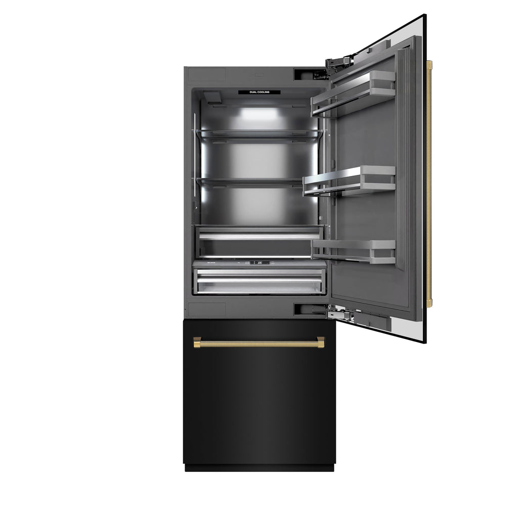 ZLINE 30 in. Built-In Bottom Freezer Refrigerator 16.1 cu. ft. Water Dispenser, Ice Maker, Black Stainless Steel, Graphite Gray Interior, Polished Gold Helix Handles (GRBIVZ-BS30KG)