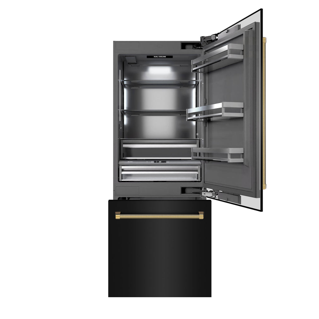ZLINE 30 in. Built-In Bottom Freezer Refrigerator 16.1 cu. ft. Water Dispenser, Ice Maker, Black Stainless Steel, Graphite Gray Interior, Polished Gold Helix Handles (GRBIVZ-BS30KG)