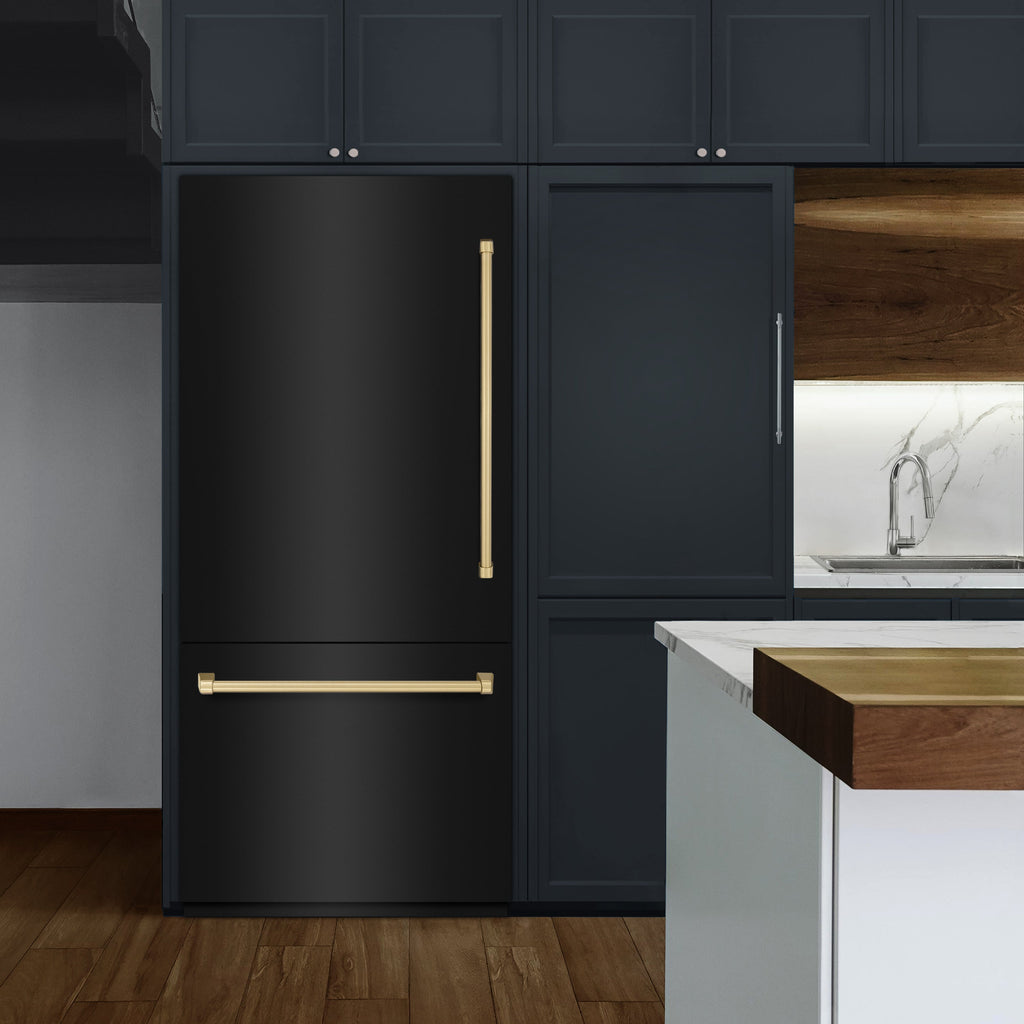 ZLINE 36 in. Built-In Bottom Freezer Refrigerator 19.8 cu. ft. Water Dispenser Ice Maker Champagne Bronze Accents Black Stainless Steel (RBITZ-BS-36-CB)