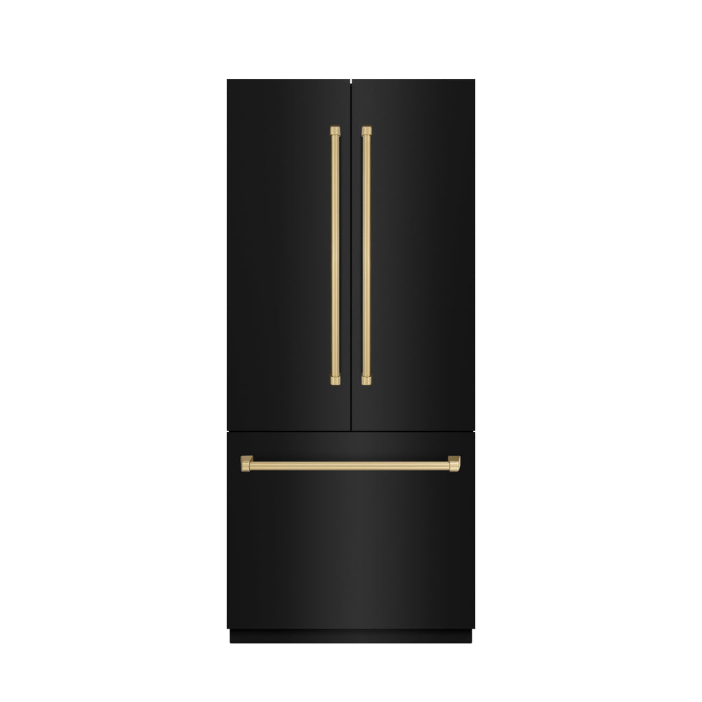 ZLINE 36 in. French Door Built-In Bottom Freezer Refrigerator 19.6 Cu. Ft. Water Dispenser Ice Maker Black Stainless Steel Champagne Bronze Accents (SRBIVZ-BS-36-CB)