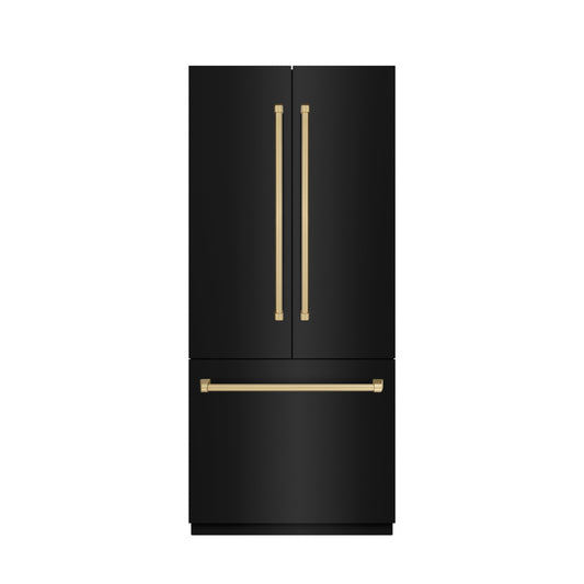 ZLINE 36 in. French Door Built-In Bottom Freezer Refrigerator 19.6 Cu. Ft. Water Dispenser Ice Maker Black Stainless Steel Champagne Bronze Accents (SRBIVZ-BS-36-CB)