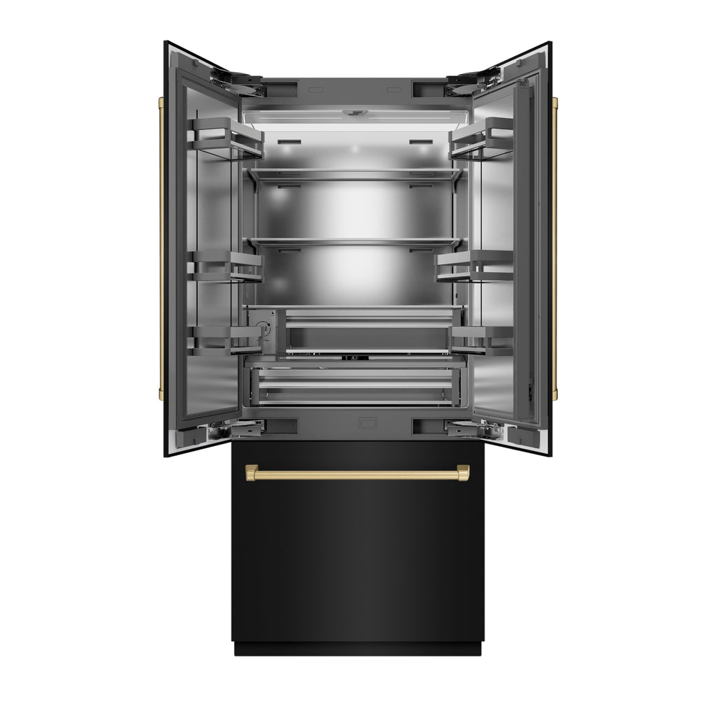 ZLINE 36 in. French Door Built-In Bottom Freezer Refrigerator 19.6 Cu. Ft. Water Dispenser Ice Maker Black Stainless Steel Champagne Bronze Accents (SRBIVZ-BS-36-CB)