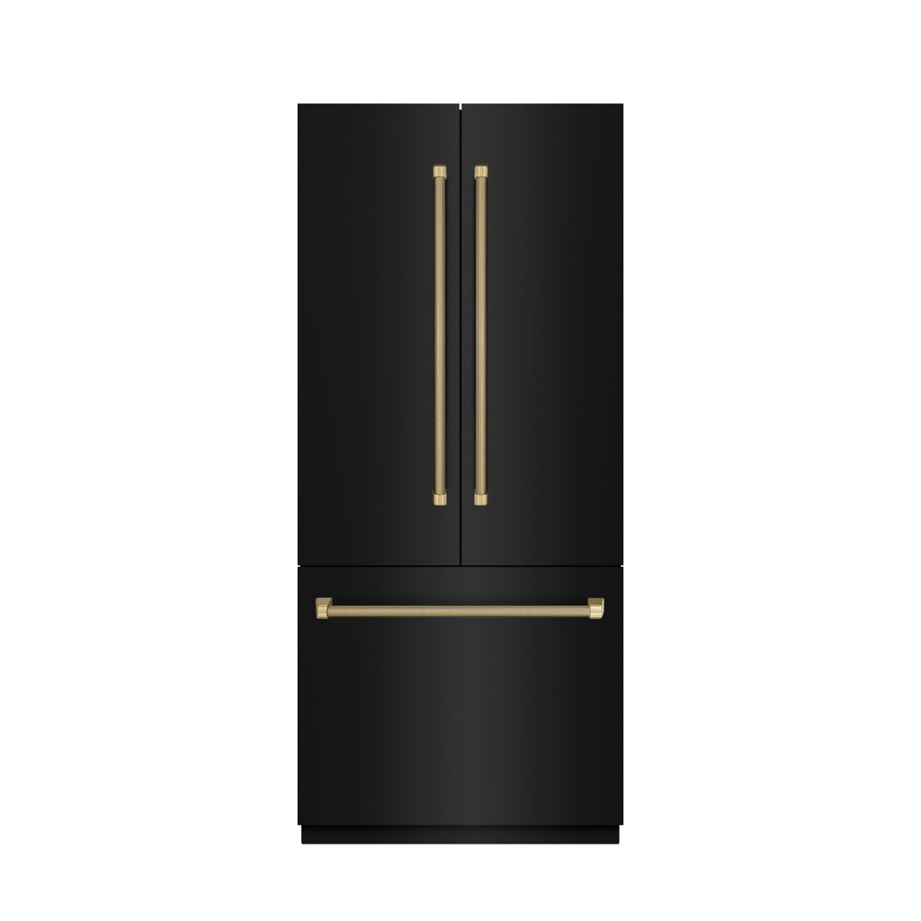 ZLINE 36 in. French Door Built-In Bottom Freezer Refrigerator 19.6 cu. ft. Water Dispenser Ice Maker Black Stainless Steel Champagne Bronze Helix Handles (SRBIVZ-BS36KCB)