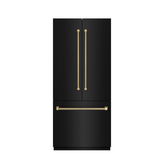 ZLINE 36 in. French Door Built-In Bottom Freezer Refrigerator 19.6 cu. ft. Water Dispenser Ice Maker Black Stainless Steel Champagne Bronze Helix Handles (SRBIVZ-BS36KCB)