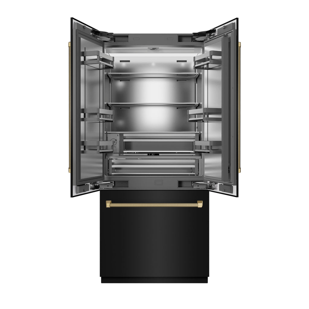 ZLINE 36 in. French Door Built-In Bottom Freezer Refrigerator 19.6 cu. ft. Water Dispenser Ice Maker Black Stainless Steel Champagne Bronze Helix Handles (SRBIVZ-BS36KCB)