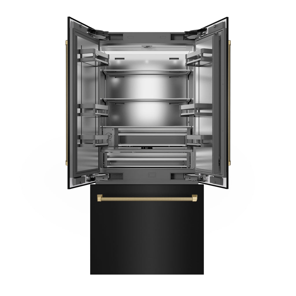 ZLINE 36 in. French Door Built-In Bottom Freezer Refrigerator 19.6 cu. ft. Water Dispenser Ice Maker Black Stainless Steel Champagne Bronze Helix Handles (SRBIVZ-BS36KCB)