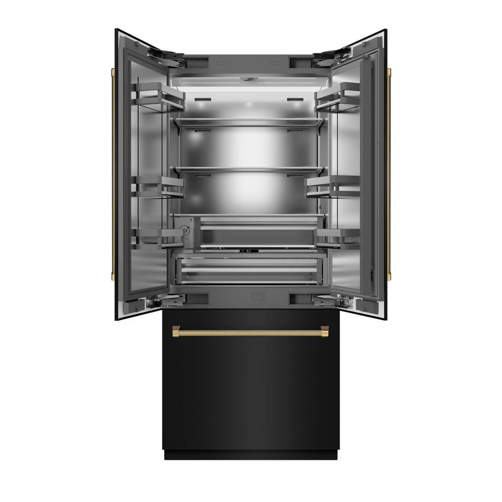 ZLINE 36 in. French Door Built-In Bottom Freezer Refrigerator 19.6 cu. ft. Water Dispenser Ice Maker Black Stainless Steel Stainless Steel Interior Polished Gold Helix Handles (SRBIVZ-BS36KG)