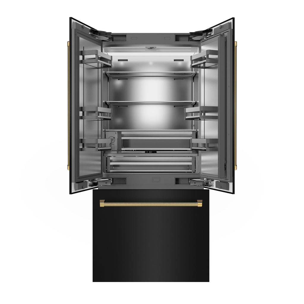 ZLINE 36 in. French Door Built-In Bottom Freezer Refrigerator 19.6 cu. ft. Water Dispenser Ice Maker Black Stainless Steel Stainless Steel Interior Polished Gold Helix Handles (SRBIVZ-BS36KG)