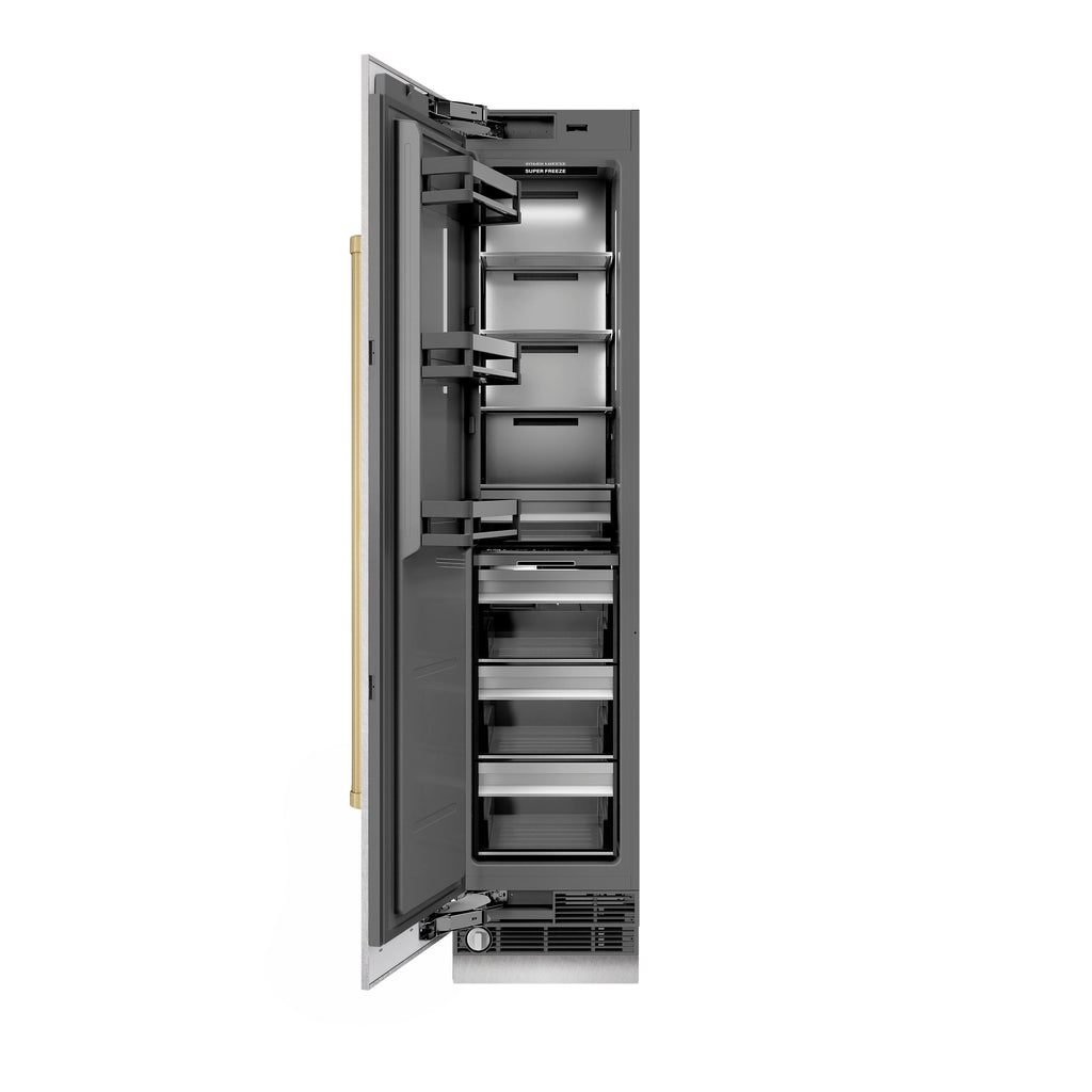 ZLINE Autograph 18" 8.6 cu. ft. Left Hinge Column Freezer in Satin Stainless Steel with Graphite Gray Interior and Champagne Bronze Accents, RCFVLZ-SN-18-CB