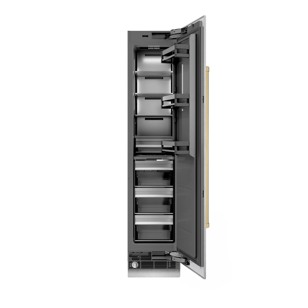 ZLINE Autograph 18" 8.6 cu. ft. Right Hinge Column Freezer in Satin Stainless Steel with Graphite Gray Interior and Champagne Bronze Accents, RCFVRZ-SN-18-CB