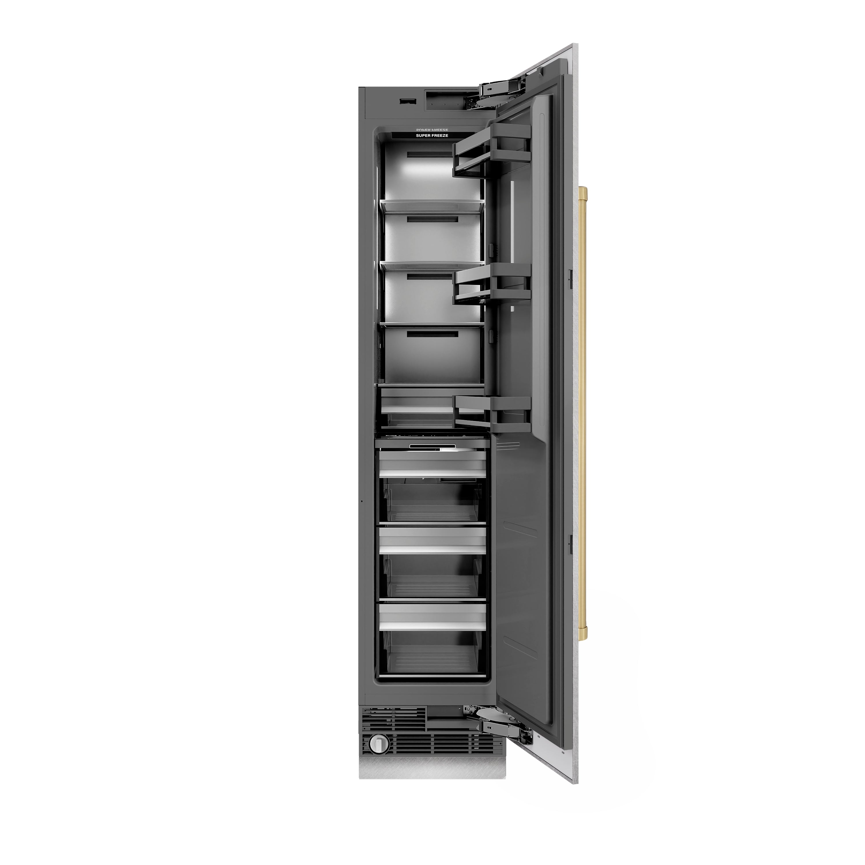 ZLINE Autograph 18" 8.6 cu. ft. Right Hinge Column Freezer in Satin Stainless Steel with Graphite Gray Interior and Champagne Bronze Accents, RCFVRZ-SN-18-CB
