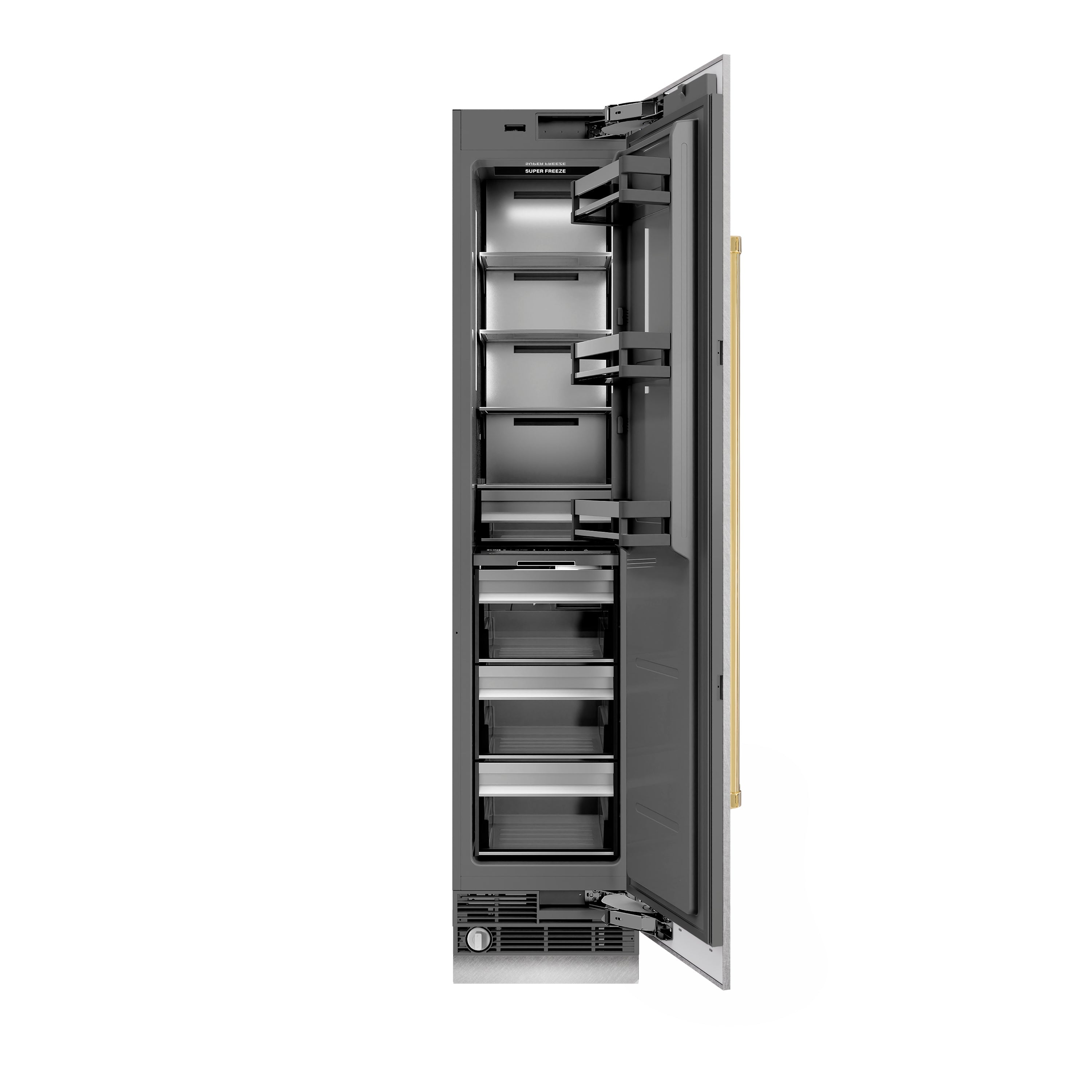 ZLINE Autograph 18" 8.6 cu. ft. Right Hinge Column Freezer in Satin Stainless Steel with Graphite Gray Interior and Polished Gold Accents, RCFVRZ-SN-18-G