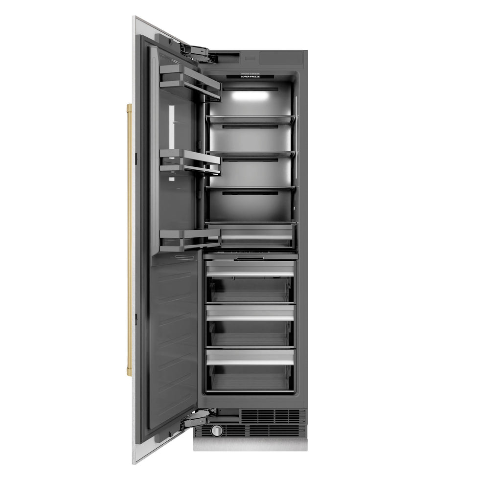 ZLINE Autograph 24" 12.4 cu. ft. Column Freezer in Satin Stainless Steel with Graphite Gray Interior and Champagne Bronze Accents, RCFVZ-SN-24-CB