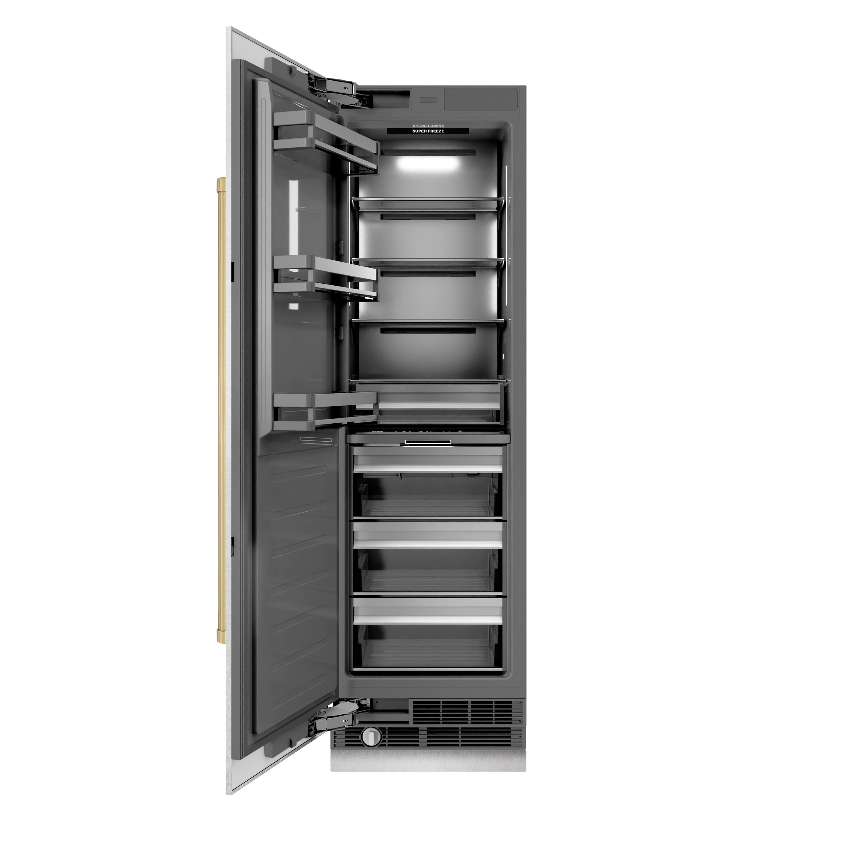 ZLINE Autograph 24" 12.4 cu. ft. Column Freezer in Satin Stainless Steel with Graphite Gray Interior and Champagne Bronze Accents, RCFVZ-SN-24-CB