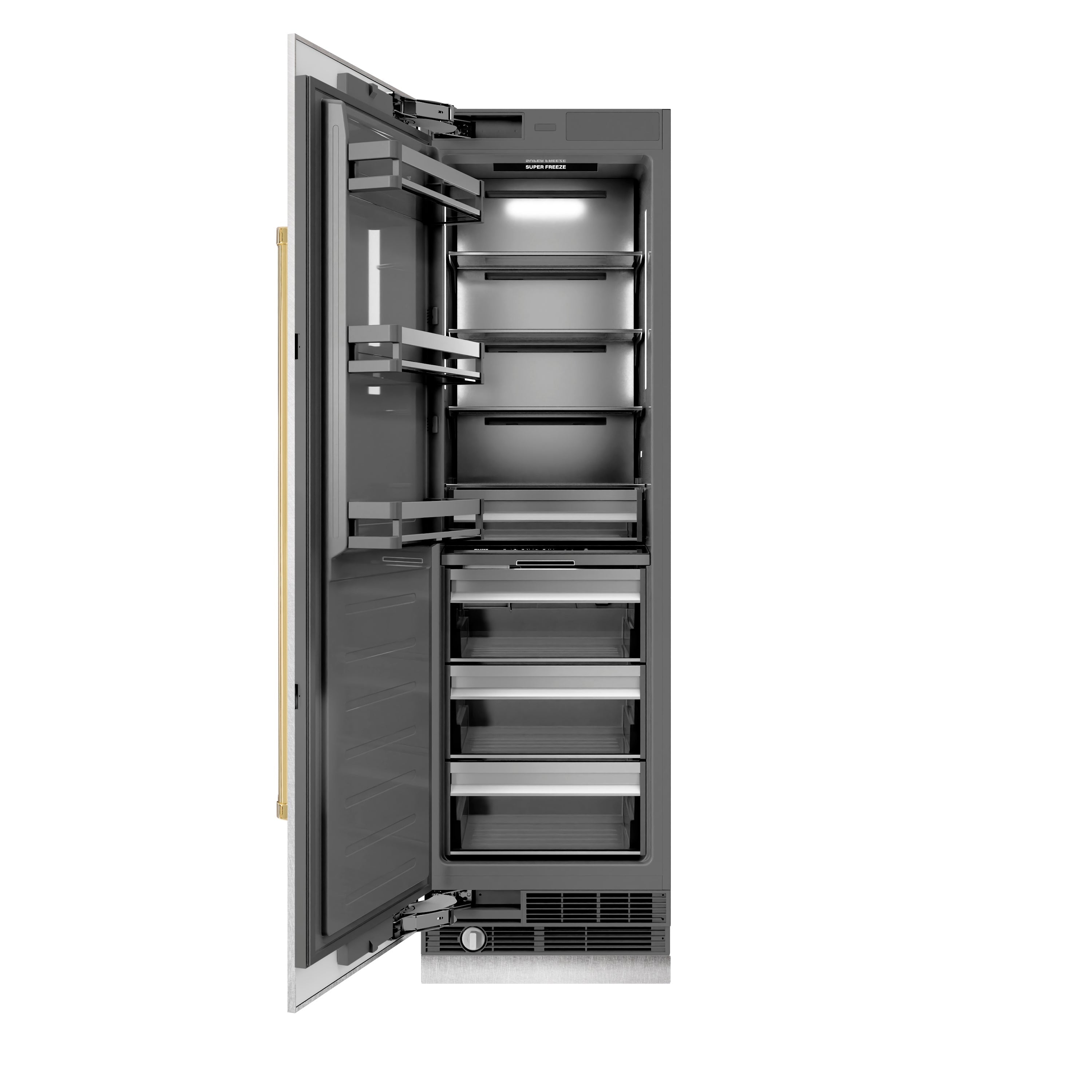 ZLINE Autograph 24" 12.4 cu. ft. Column Freezer in Satin Stainless Steel with Graphite Gray Interior and Polished Gold Accents, RCFVZ-SN-24-G