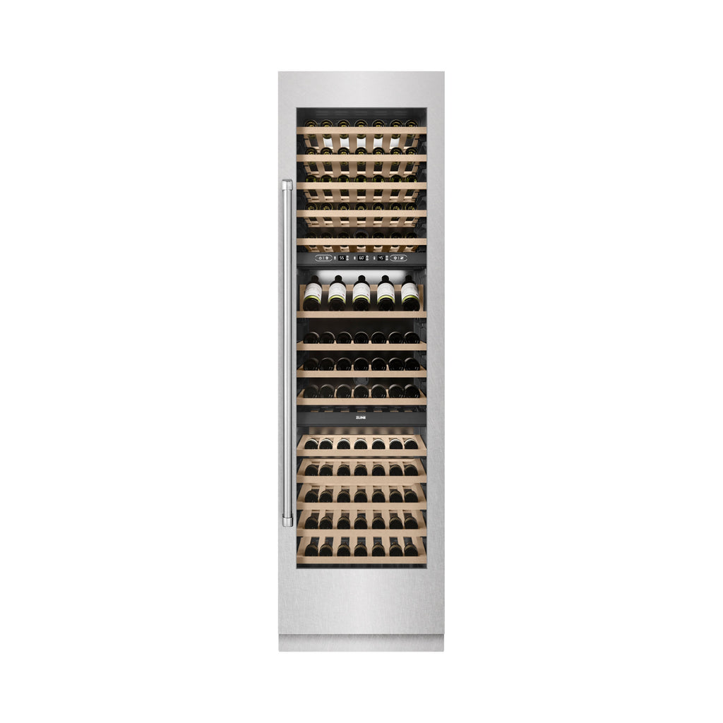 ZLINE 24" 12.4 cu. ft. Triple Zone 100 Bottle Column Wine Cooler in Satin Stainless Steel, RCWV-SN-24