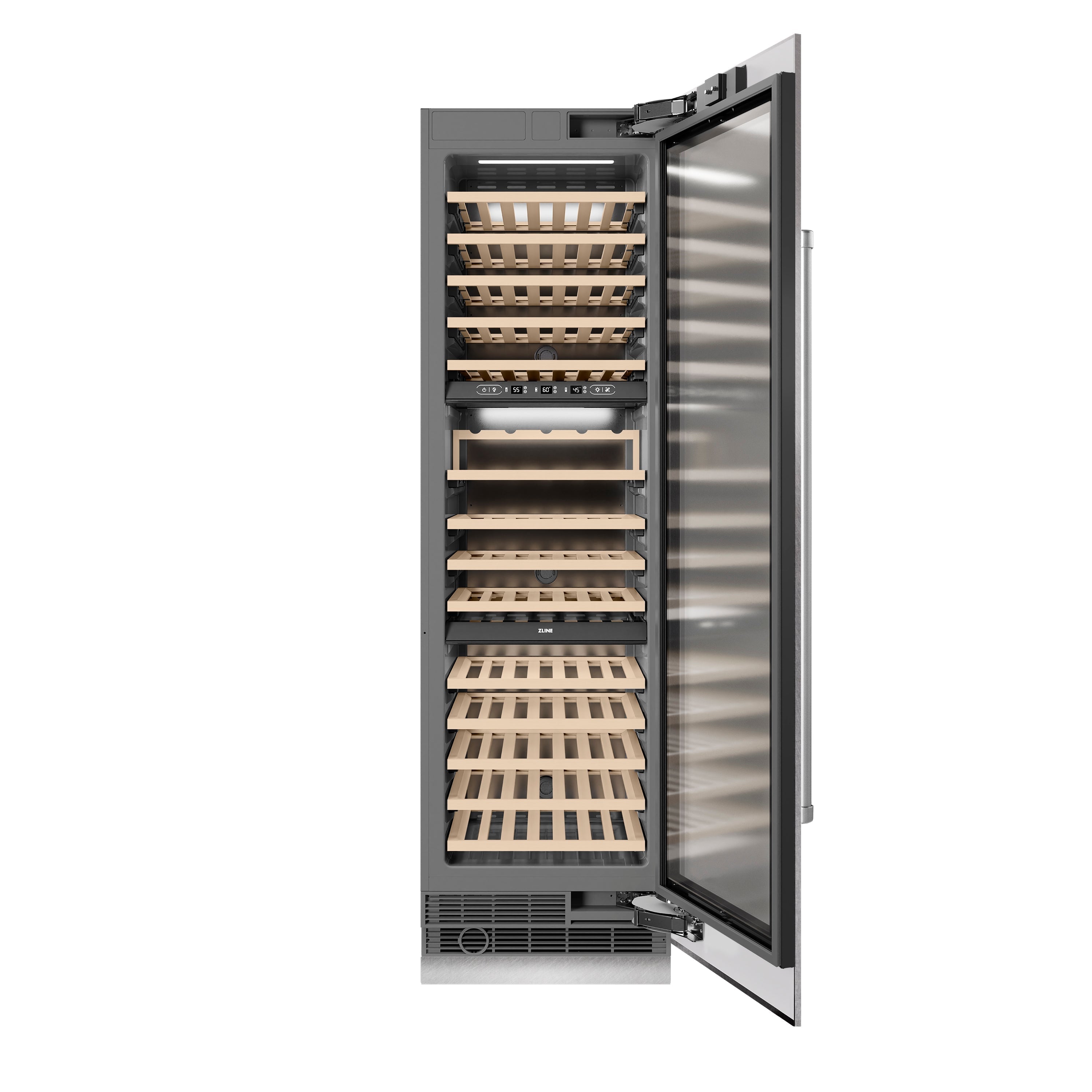 ZLINE 24" 12.4 cu. ft. Triple Zone 100 Bottle Column Wine Cooler in Satin Stainless Steel, RCWV-SN-24