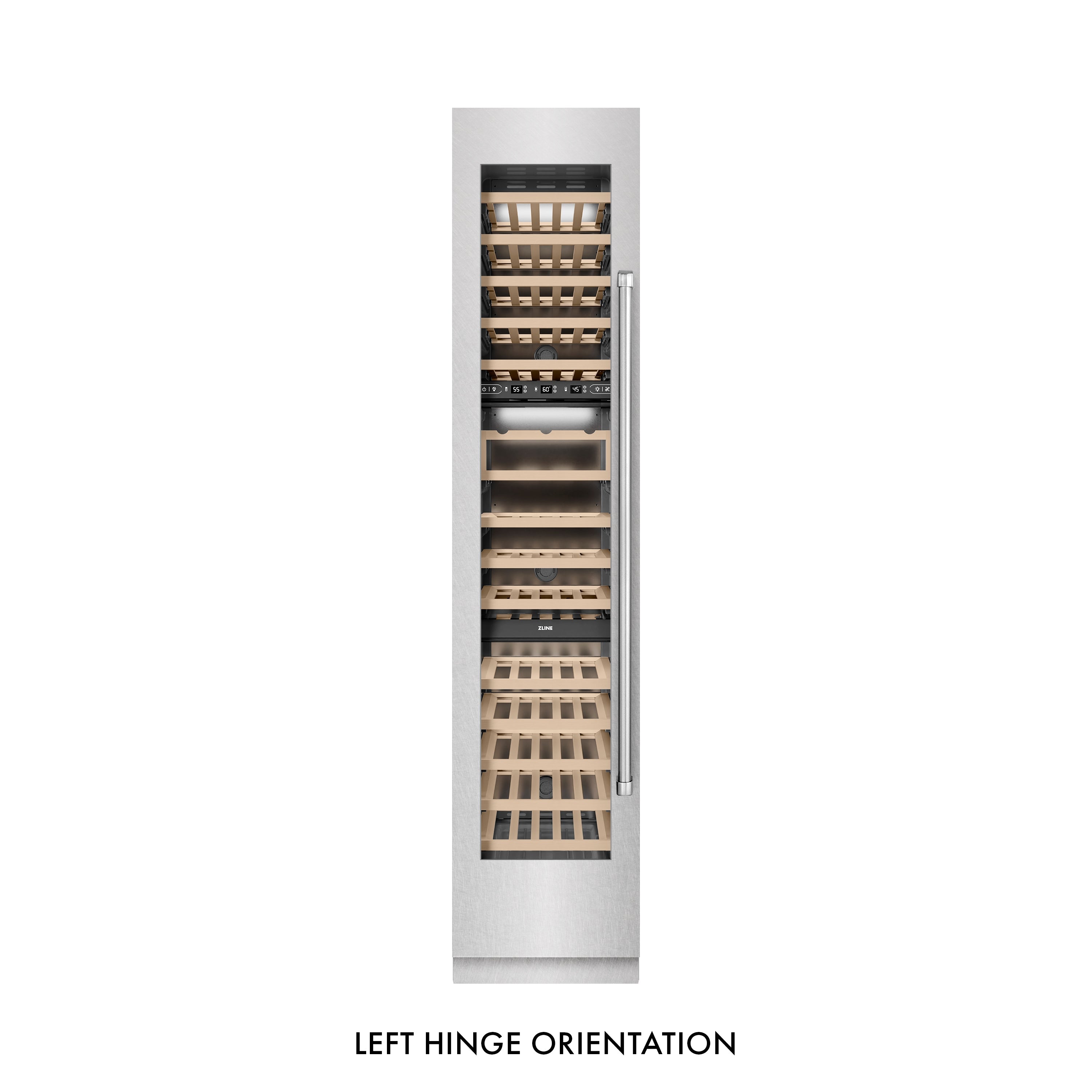 ZLINE 18" 9.0 cu. ft. Triple Zone 68 Bottle Left Hinge Column Wine Cooler in Satin Stainless Steel, RCWVL-SN-18
