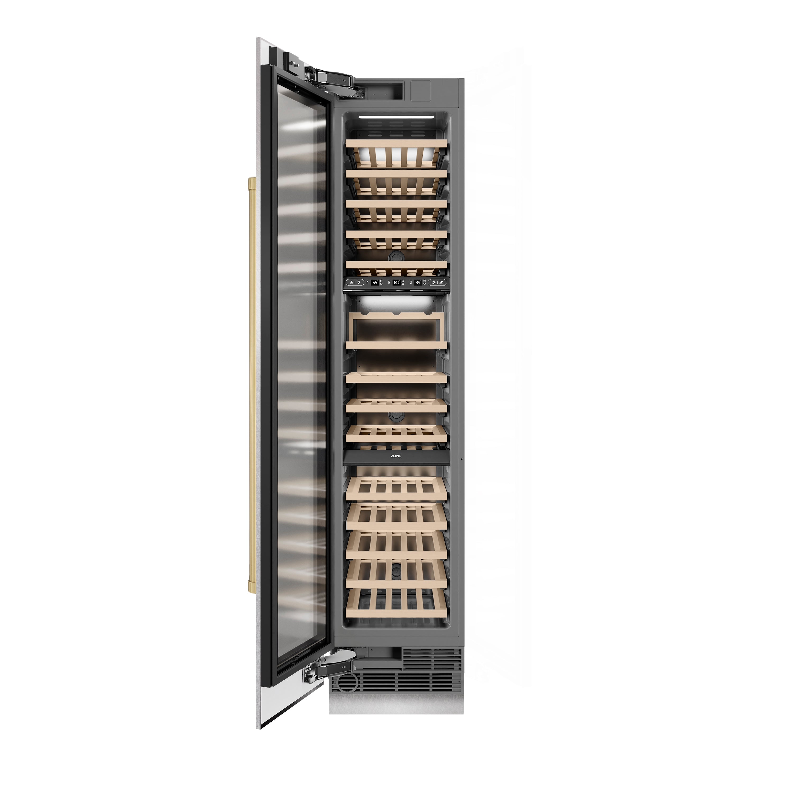 ZLINE Autograph 18" 9.0 cu. ft. Triple Zone 68 Bottle Left Hinge Column Wine Cooler in Satin Stainless Steel with Champagne Bronze Accents, RCWVLZ-SN-18-CB