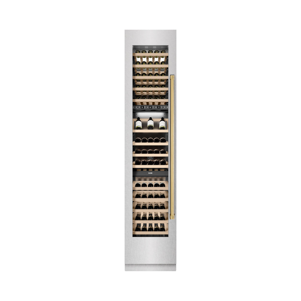 ZLINE Autograph 18" 9.0 cu. ft. Triple Zone 68 Bottle Left Hinge Column Wine Cooler in Satin Stainless Steel with Polished Gold Accents, RCWVLZ-SN-18-G
