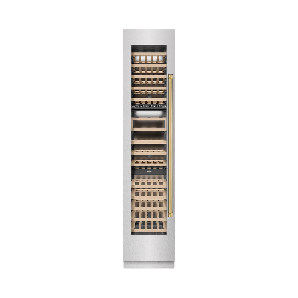 ZLINE Autograph 18" 9.0 cu. ft. Triple Zone 68 Bottle Left Hinge Column Wine Cooler in Satin Stainless Steel with Polished Gold Accents, RCWVLZ-SN-18-G