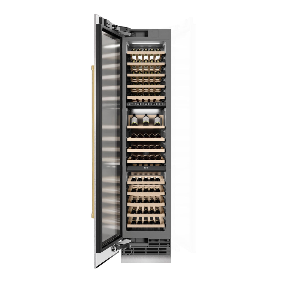 ZLINE Autograph 18" 9.0 cu. ft. Triple Zone 68 Bottle Left Hinge Column Wine Cooler in Satin Stainless Steel with Polished Gold Accents, RCWVLZ-SN-18-G