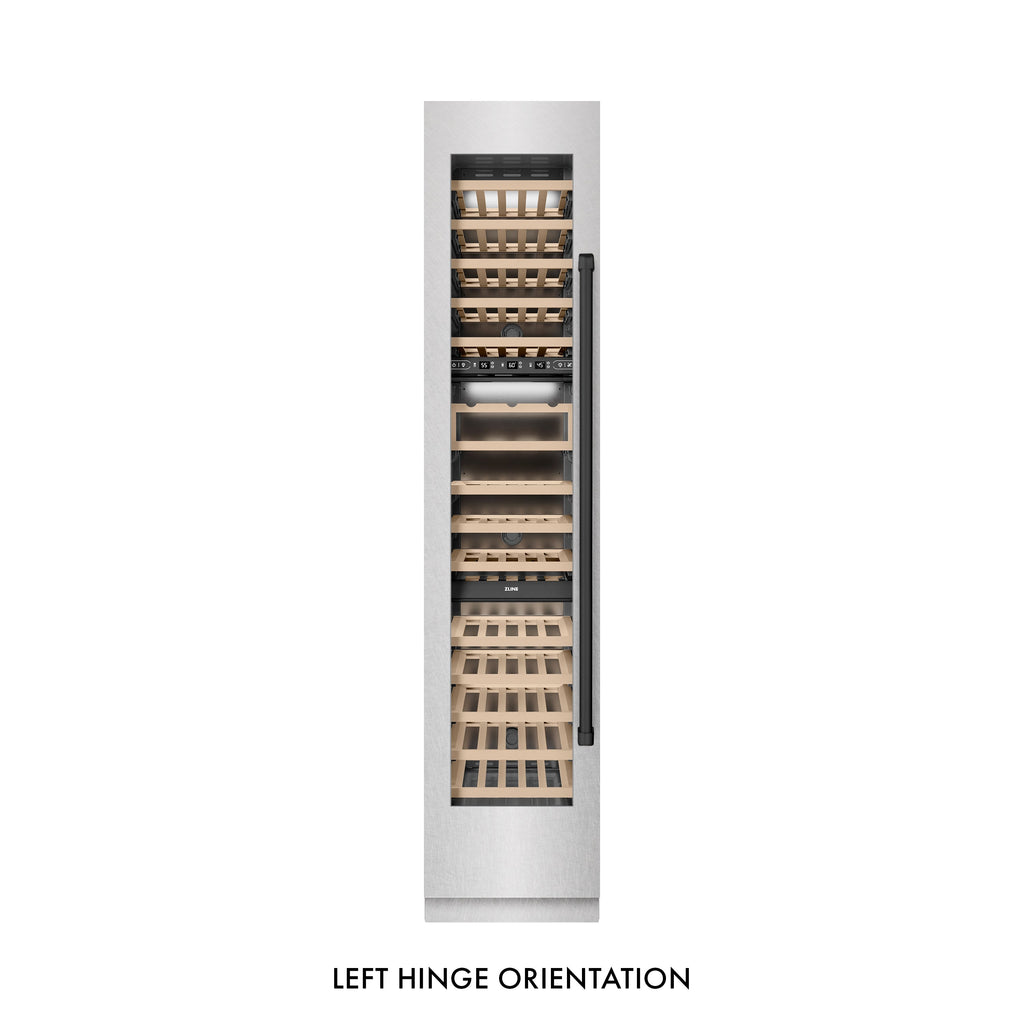 ZLINE Autograph 18" 9.0 cu. ft. Triple Zone 68 Bottle Left Hinge Column Wine Cooler in Satin Stainless Steel with Matte Black Accents, RCWVLZ-SN-18-MB