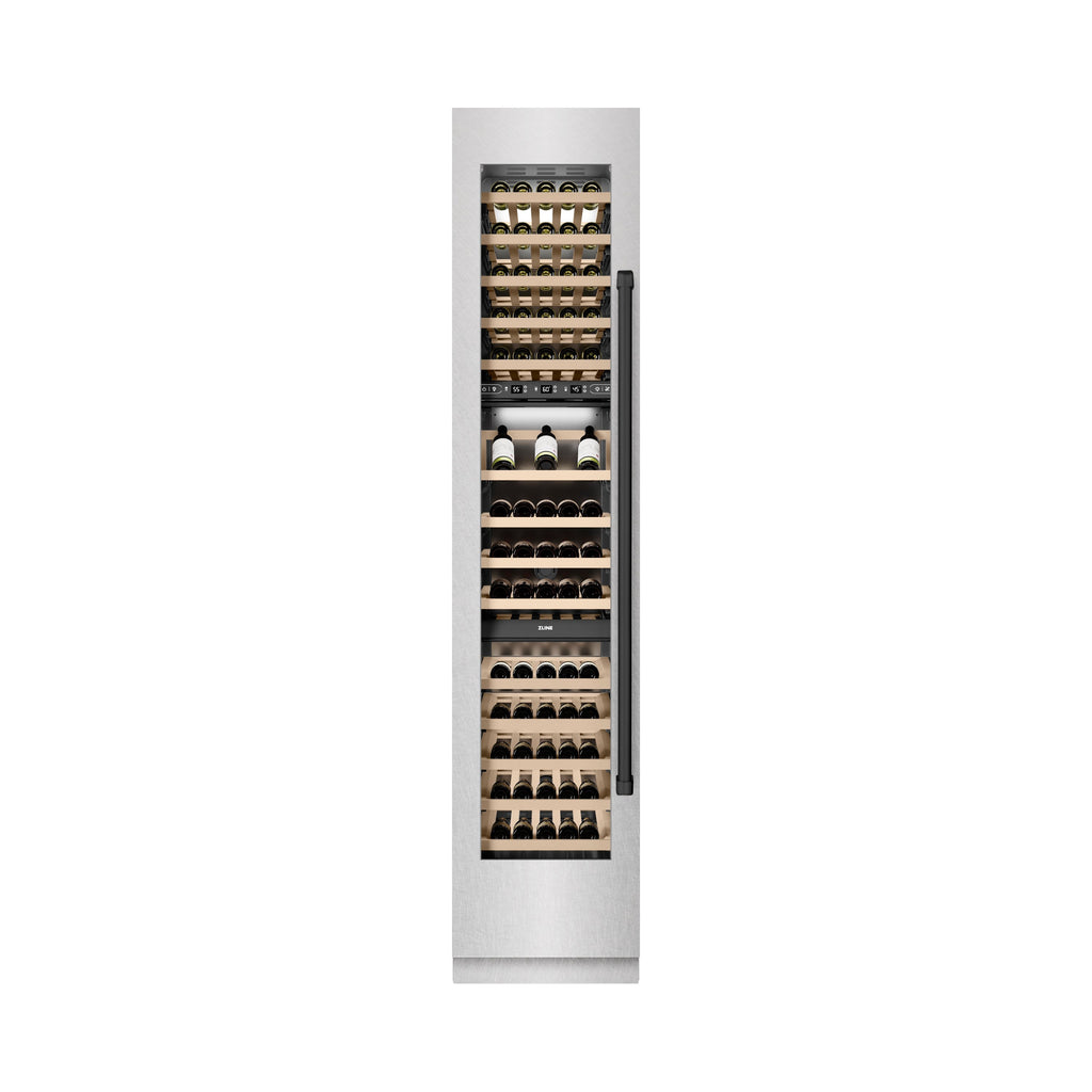 ZLINE Autograph 18" 9.0 cu. ft. Triple Zone 68 Bottle Left Hinge Column Wine Cooler in Satin Stainless Steel with Matte Black Accents, RCWVLZ-SN-18-MB