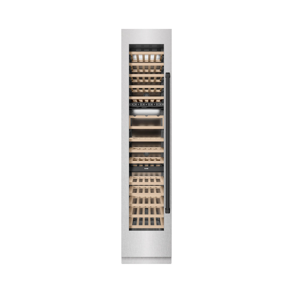 ZLINE Autograph 18" 9.0 cu. ft. Triple Zone 68 Bottle Left Hinge Column Wine Cooler in Satin Stainless Steel with Matte Black Accents, RCWVLZ-SN-18-MB