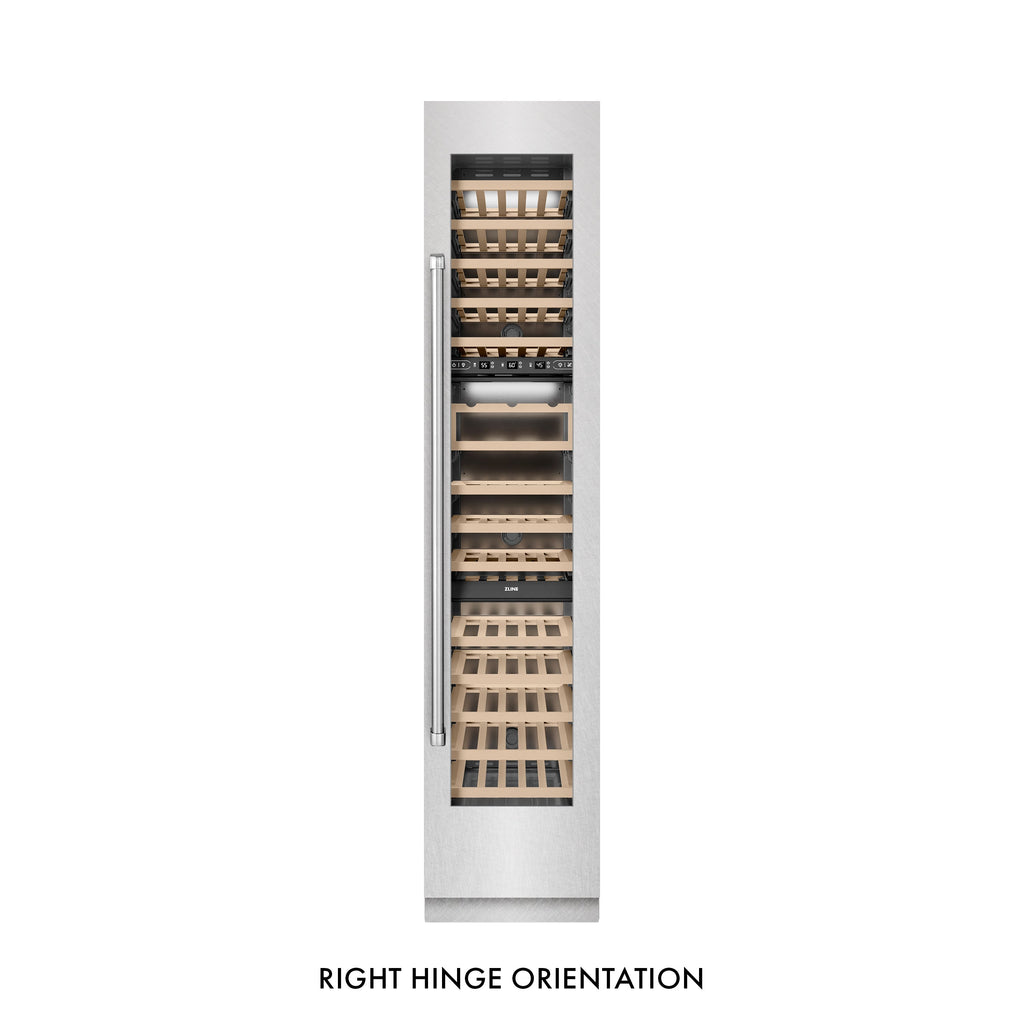 ZLINE 18" 9.0 cu. ft. Triple Zone 68 Bottle Right Hinge Column Wine Cooler in Satin Stainless Steel, RCWVR-SN-18