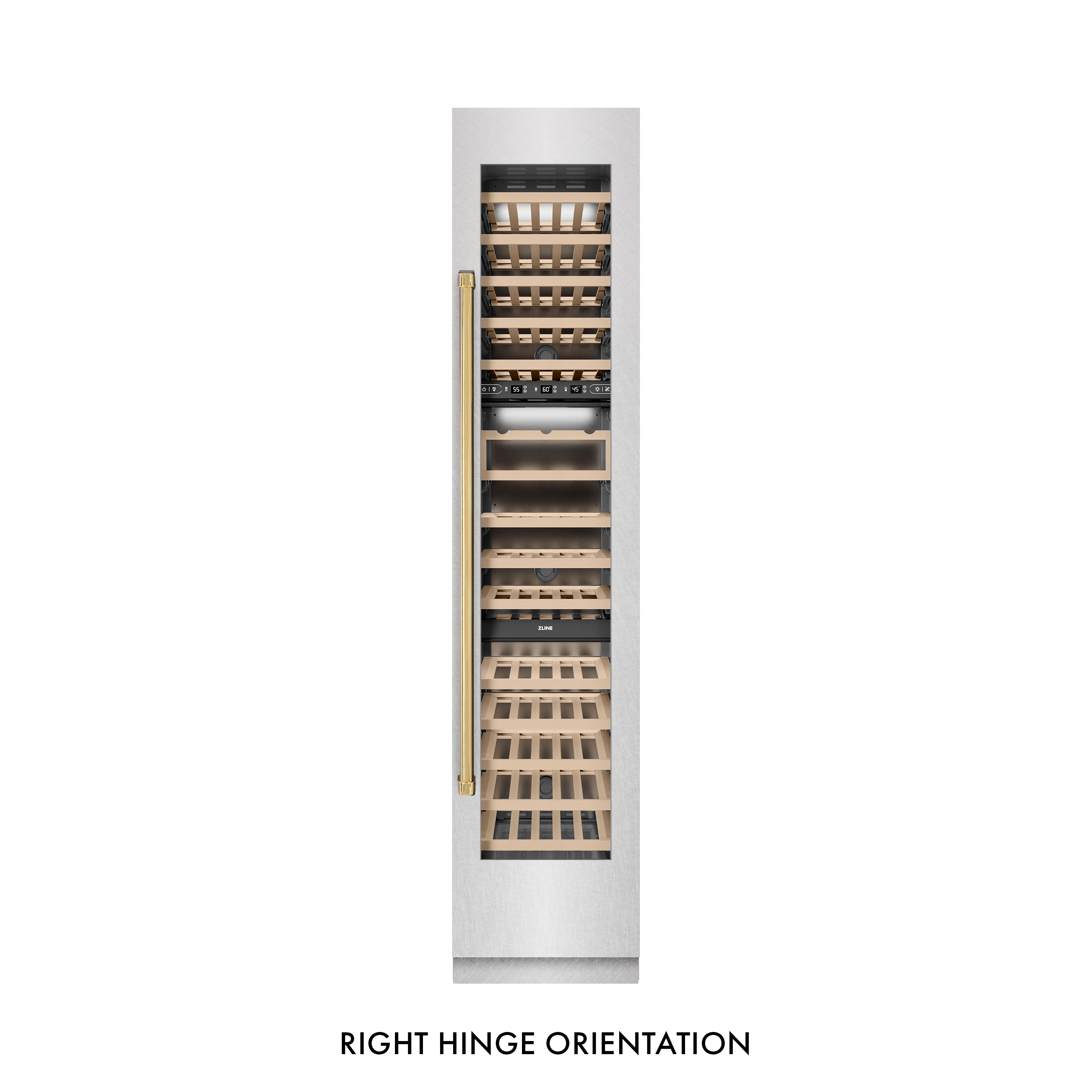 ZLINE Autograph 18" 9.0 cu. ft. Triple Zone 68 Bottle Right Hinge Column Wine Cooler in Satin Stainless Steel with Polished Gold Accents, RCWVRZ-SN-18-G