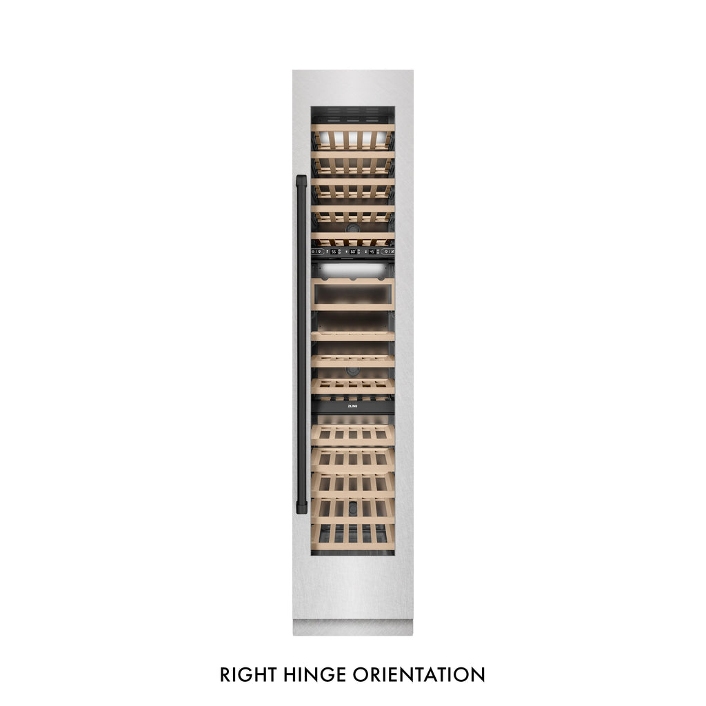 ZLINE Autograph 18" 9.0 cu. ft. Triple Zone 68 Bottle Right Hinge Column Wine Cooler in Satin Stainless Steel with Matte Black Accents, RCWVRZ-SN-18-MB