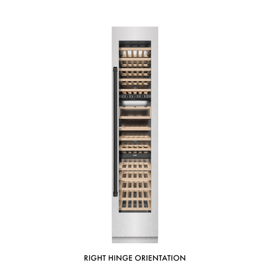 ZLINE Autograph 18" 9.0 cu. ft. Triple Zone 68 Bottle Right Hinge Column Wine Cooler in Satin Stainless Steel with Matte Black Accents, RCWVRZ-SN-18-MB