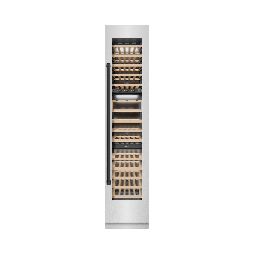 ZLINE Autograph 18" 9.0 cu. ft. Triple Zone 68 Bottle Right Hinge Column Wine Cooler in Satin Stainless Steel with Matte Black Accents, RCWVRZ-SN-18-MB