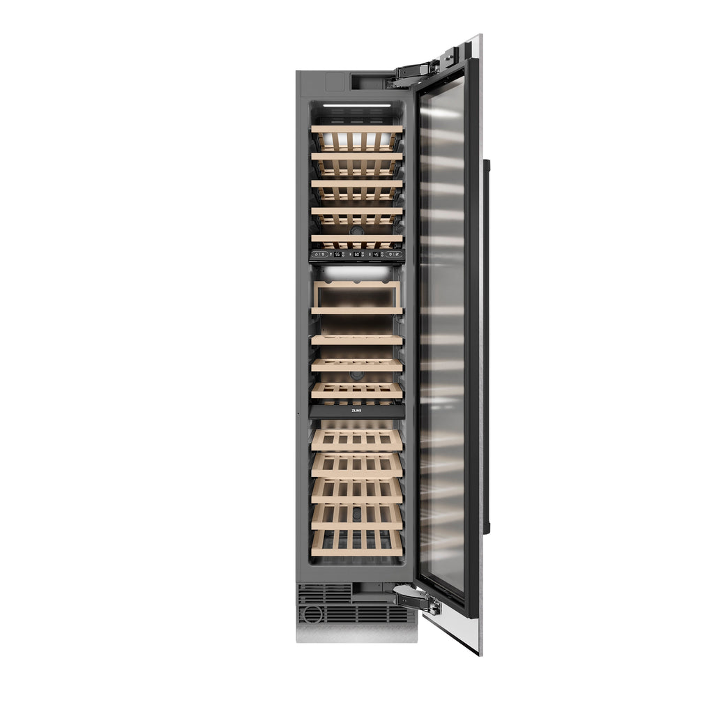ZLINE Autograph 18" 9.0 cu. ft. Triple Zone 68 Bottle Right Hinge Column Wine Cooler in Satin Stainless Steel with Matte Black Accents, RCWVRZ-SN-18-MB