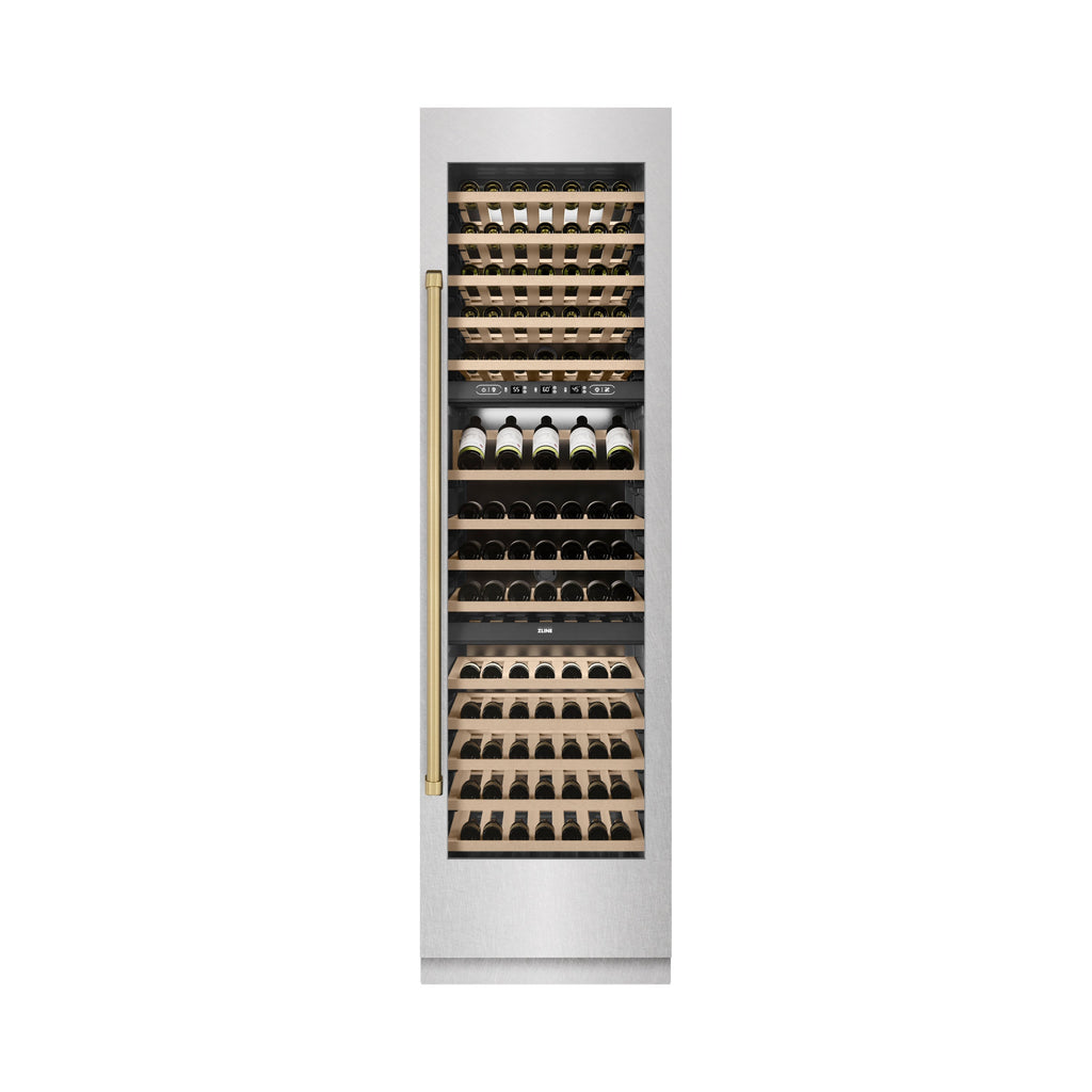 ZLINE Autograph 24" 12.4 cu. ft. Triple Zone 100 Bottle Column Wine Cooler in Satin Stainless Steel and Champagne Bronze Accents, RCWVZ-SN-24-CB