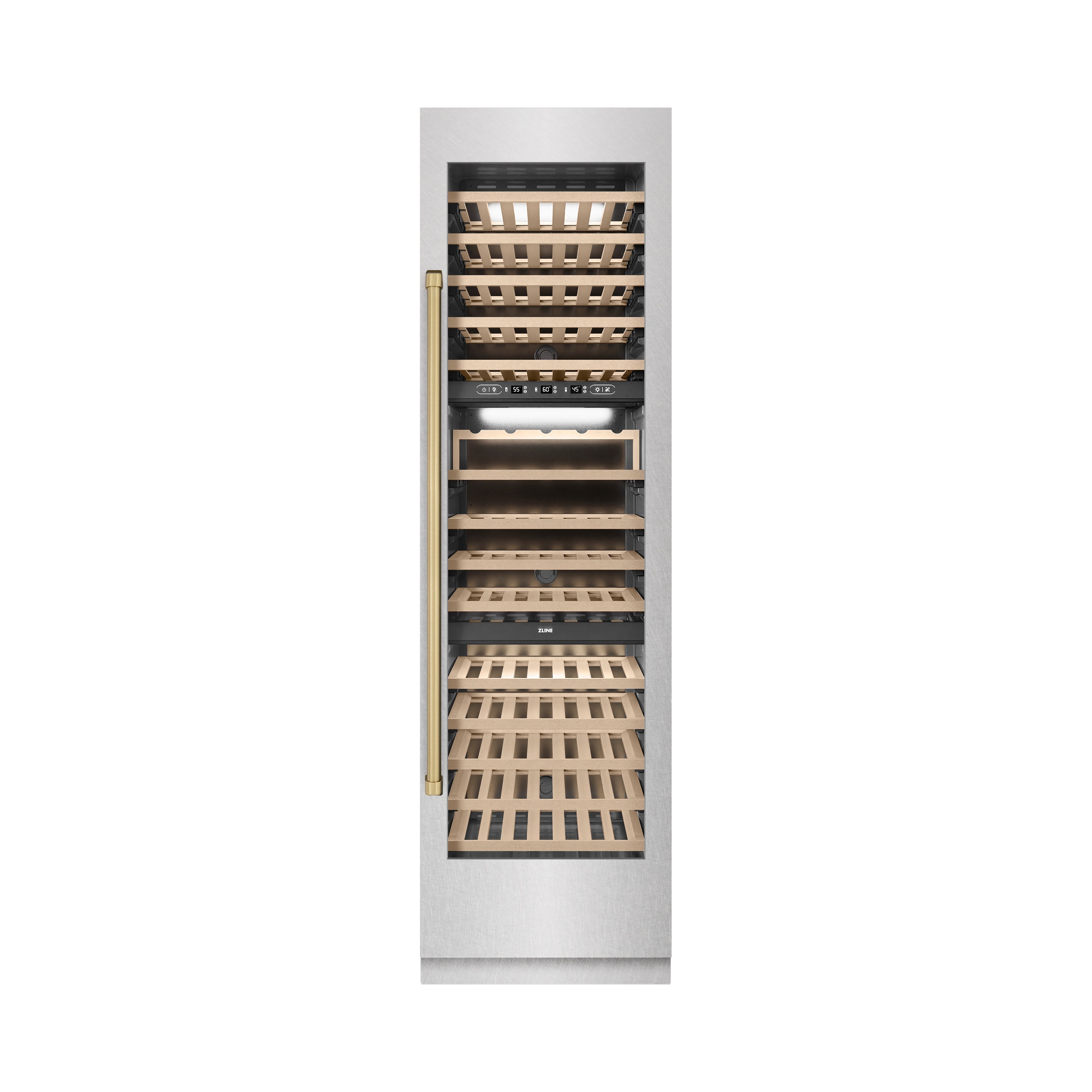 ZLINE Autograph 24" 12.4 cu. ft. Triple Zone 100 Bottle Column Wine Cooler in Satin Stainless Steel and Champagne Bronze Accents, RCWVZ-SN-24-CB